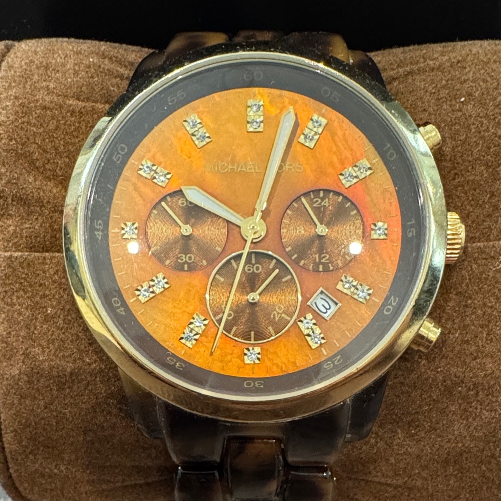 Michael Kors Gold-Tone Watch with Orange Dial and Tortoiseshell Bracelet